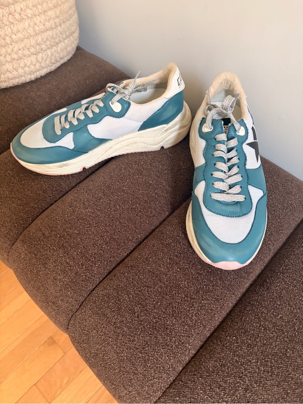 Golden Goose Teal and White Running Sneakers